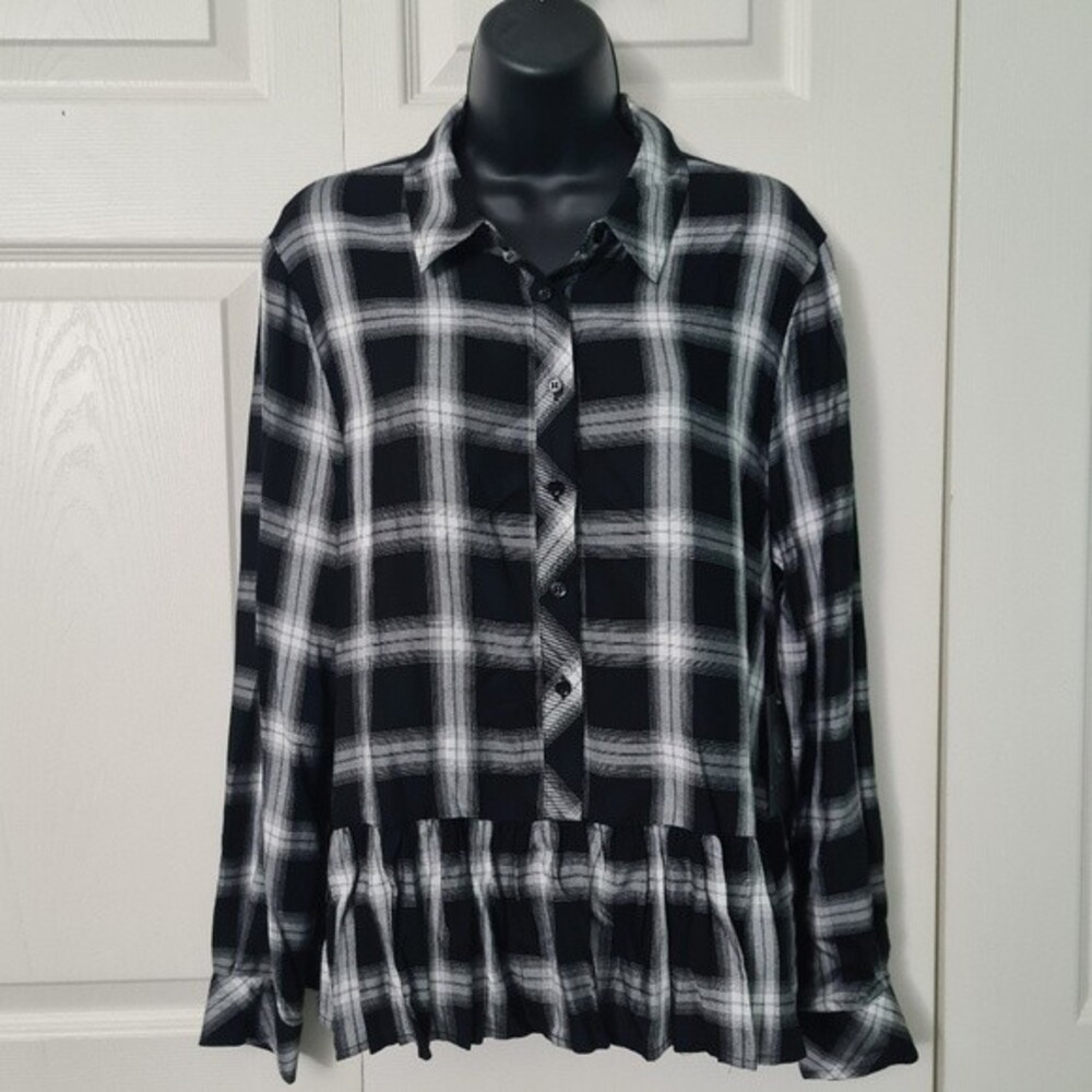 Vince Camuto Black White Plaid Peplum Blouse Small Ruffled Button Down Shirt